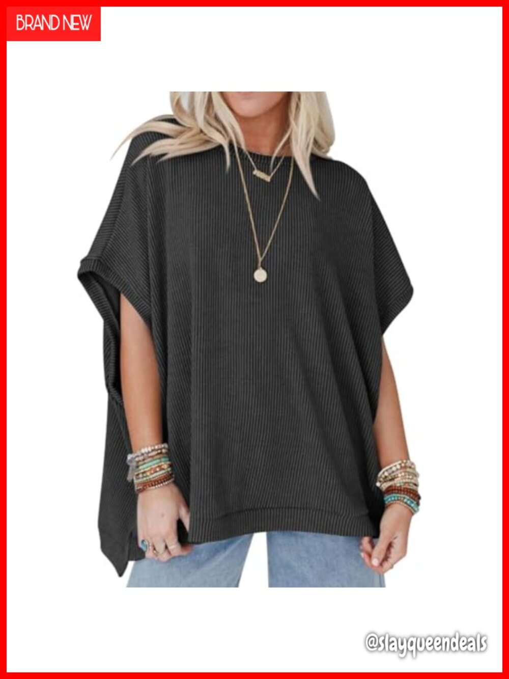 Knitted Dolman Sleeve Oversized Tunic Top Loose Fit Batwing Shirt